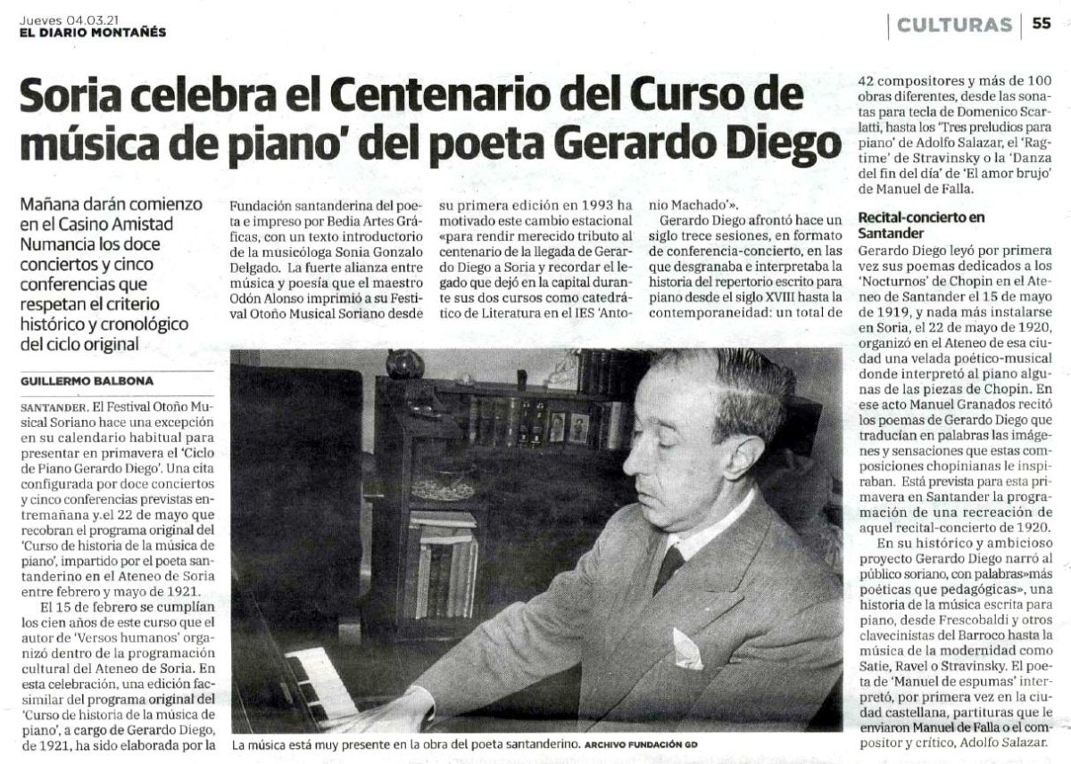En El Diario Montañes, a toda página el Curso de Música de Piano Gerardo Diego